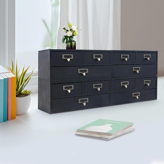 4-Pack Wooden Storage Box with 3 Drawers, Vintage Desktop Organizer Apothecary Cabinet Stackable Drawers with Label Holders for Herb Storage, Tea Collection, Stationery - Image 5