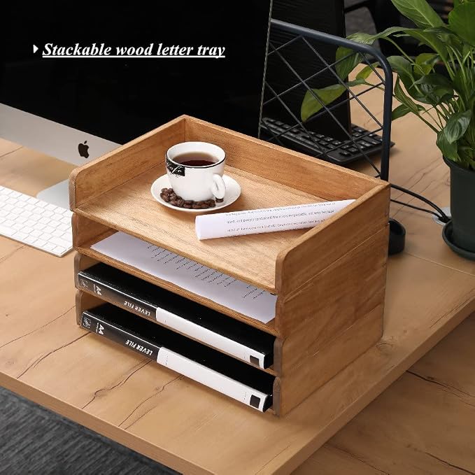 DDYURI Wood Stackable Paper Trays for Office Supplies and Accessories - Desk Organizer Tray for Letter Document Magazine -Wooden Desktop File Folder Holder Shelf 2 Set Light(2CTP-LT) - Image 7