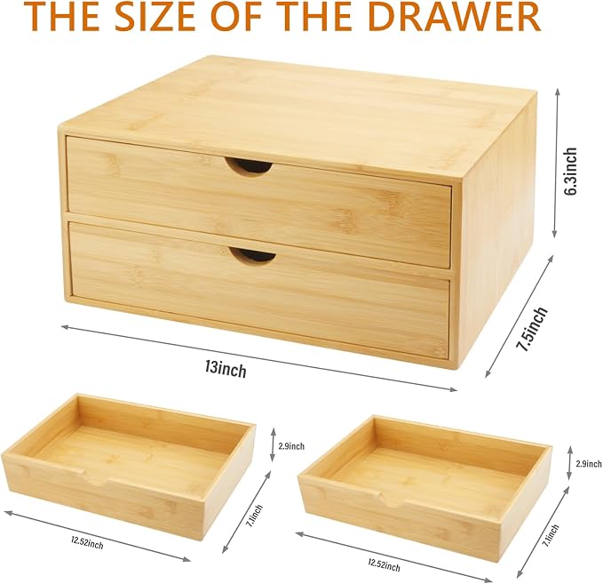Charmewooden Bamboo Desk Organizer With Drawers Countertop Drawers Counter Storage Box Corner Desk Organizer for Home Office No Assembly Required (2 Drawers) - Image 3