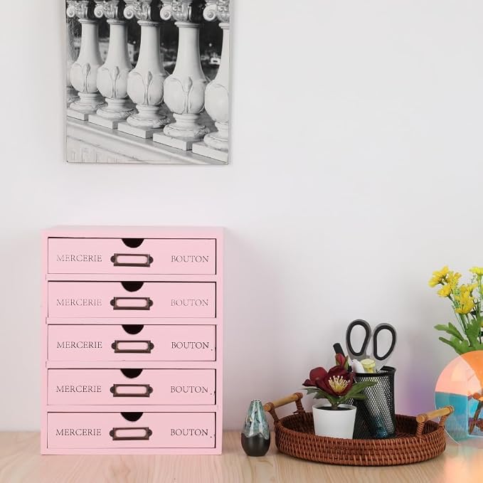 Small Wooden Drawers Wooden Box with Drawer, Pink 5 Wood Drawer | Countertop Storage Box for Apothecary Cabinet, Apothecary Drawers，Desktop Organizer for Office，Home - Image 2