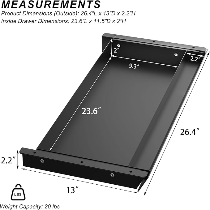 Large Under Desk Mounted Sliding Drawer with Pencil Tray and 60 Degree Tilt Panel to Pull Out, 26'' Long & 13'' deep Large Storage Organizer for Sit Stand Workstation - Image 2