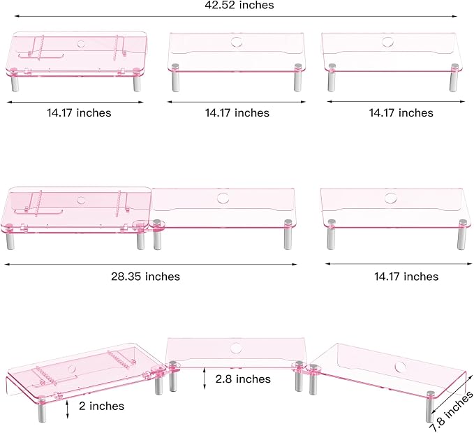 Pink Acrylic Dual Monitor Stand Riser,Laptop Riser Adjustable to 8 Angles | Double Computer monitor riser for desk for 2 Monitors,Desktop organizer Stand for Laptop,PC,Printer,TV，Cute Desk Accessories - Image 7