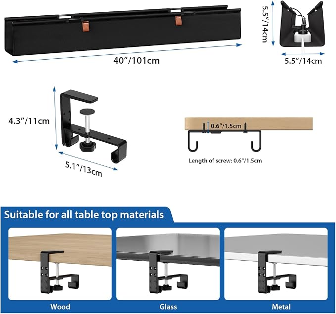 Zilink No Drill Under Desk Cable Management Tray 40" Cord Organizer for Table Clamp/Screw Mount Cable Management Under Desk Waterproof Fabric Cable Management Tray for Office, Home - Image 5