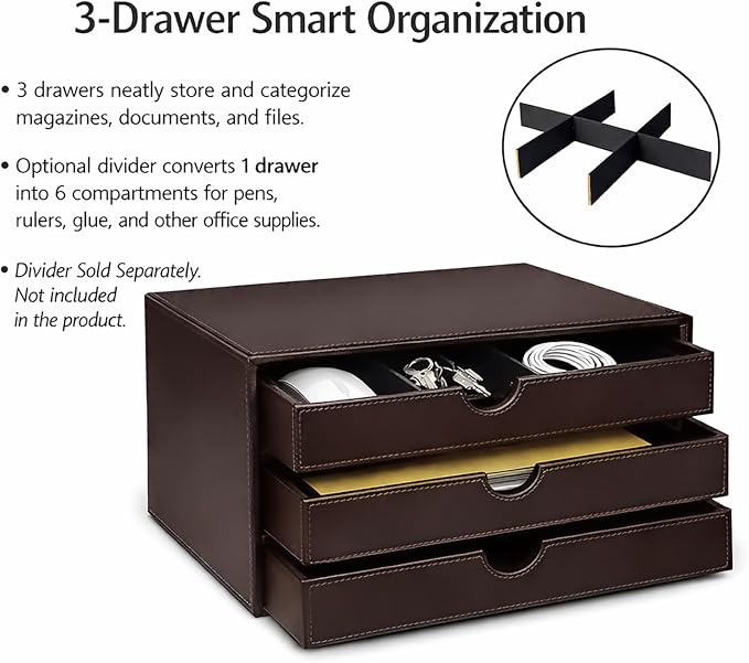 UnionBasic Leather Desktop Drawer Organizer, File Cabinet Magazine Document Holder, Office Supplies Desk Storage Organizer Box, 3 Drawer, Coffee - Image 4