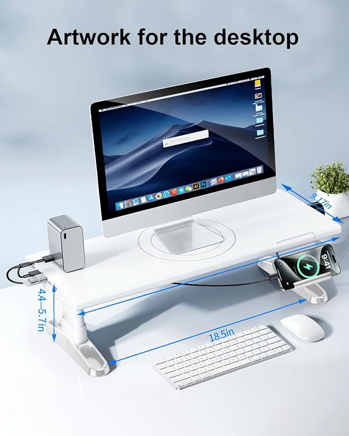 Computer Monitor Stand Riser for Desk with Usb Hub Charging,30W/5Gbps Usb C Docking Station with Power,4.4-5.7'' Height Adjustable with Phone Holder,Monitor Stands Riser for PC,Laptop,Printer(White) - Image 8