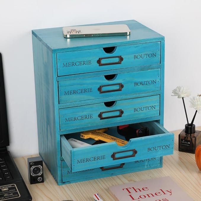 Small Wooden Drawers Wooden Box with Drawer, Blue 5 Wood Drawer | Countertop Storage Box for Apothecary Cabinet, Apothecary Drawers，Desktop Organizer for Office，Home - Image 5