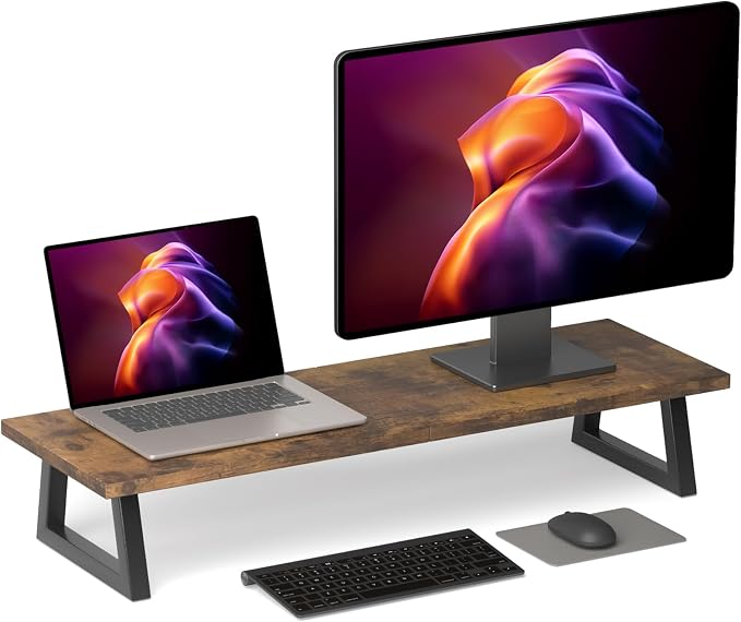 TEAMIX 31.5 inch Dual Monitor Stand Riser, TV Riser, Wood Desk Organizer | For 2 Monitors/Laptop/Printer, Long Computer Stand, Wood & Steel, Holds 150 lbs, PS5/Keyboard Storage, For Home Office Gaming by TEAMIX