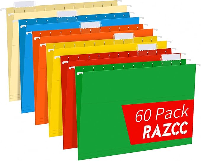 Hanging File Folders, RAZCC 60 Pack Reinforced Hanging Folders Letter Size, Designed for Bulky Files, Filing Cabinet, Adjustable Tabs, Assorted Colors by RAZCC