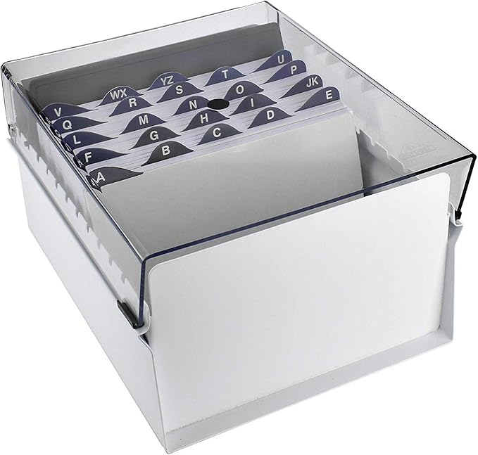 Acrimet 5 X 8 Card File Holder Organizer Box Metal Base Heavy Duty (AZ Index Cards and Divider Included) (White Color with Clear Crystal Plastic Lid Cover) | With A-Z Index & Non-Slip - Image 4