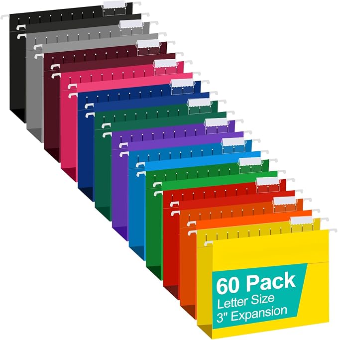 HERKKA Extra Capacity Hanging File Folders, 60 Pack Reinforced Letter Size Hanging Folders with Heavy Duty 3 Inch Expansion, Designed for Bulky Files, Medical Charts, 12 Assorted Colors by HERKKA