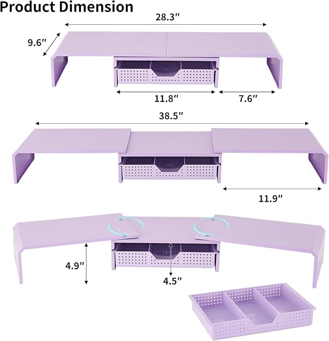 LEKETREE Dual Monitor Stand Riser with Drawer, Desk Organizer and Accessories, Metal Laptop Stand for Desk, Workspace Desktop Stand for Computer, Laptop, TV and More (Purple) - Image 7