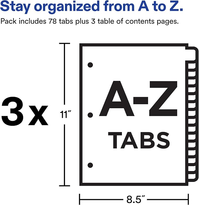 Avery A-Z Dividers for 3 Ring Binders, 26 Tabs per Set, Customizable Table of Contents, Multicolor Tabs, Great for Organizing Reports, Projects, and More (3 Sets of 44225) - Image 4