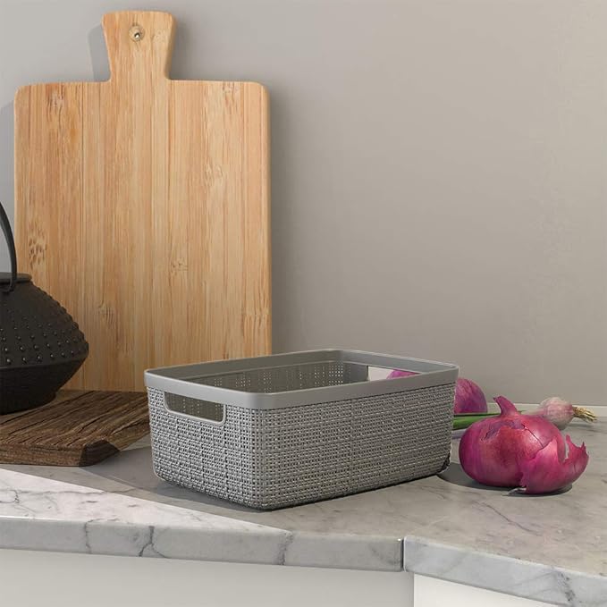 Curver Set of 8 Small 4.5L Jute Decorative Plastic Organization and Storage Baskets - Perfect Bins for Home Office, Closet Shelves, Kitchen Pantry and All Bedroom Essentials, Grey - Image 5