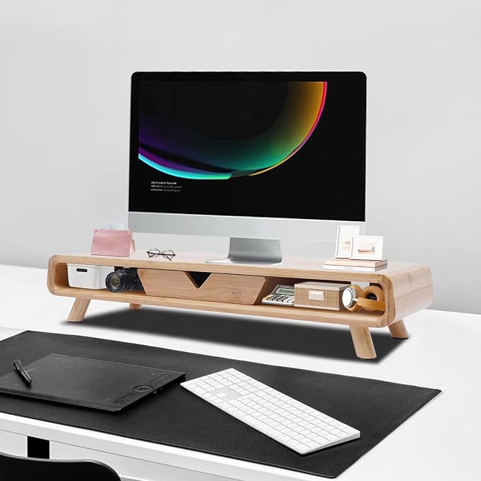 Bamboo Monitor Stand Riser Exquisite Monitor Stand with Drawer Ergonomic Height Wood Monitor Stand, No Assembly Required - Image 6