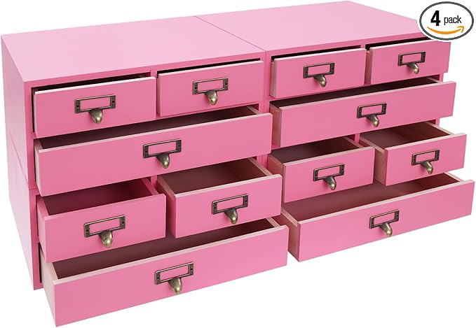 Stackable Wooden Desk Storage Box, 12 Drawers Tabletop Organizer, Pink | 4-Pack Countertop Apothecary Cabinet, Vintage Library Card Catalog Storage Cabinet with Metal Label Handles for Office Home by LifeFirstChoice-Blisiour