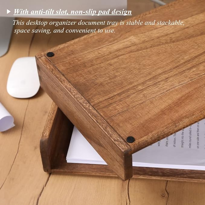 DDYURI Desktop File Trays Stackable Paper Tray for Letter/A4 Size Magazine - Wood Office Document Organizer Shelf - Wooden Folder Organization Rack Desk Tray Pack of 2 Dark(2CTP-DK) - Image 4