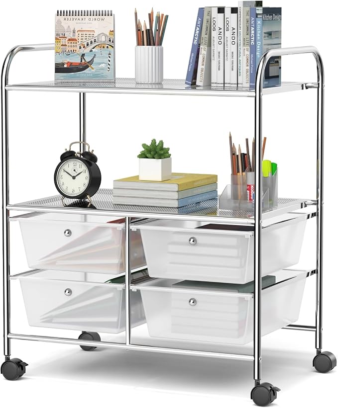 Moccha Rolling Storage Cart with 4 Drawers - Storage Drawers Organizer with wheels for Craft Art Supply Paper Salon, Scrapbook Paper Tools, Movable Utility Cart for Classroom School Studio, Clear by LDAILY