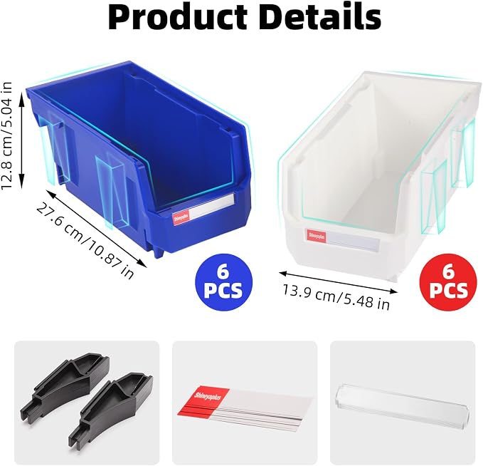 12 Packs Stackable Storage Bins, 11" x 5" x 5" Plastic Bins, | Space-Saving Parts Bin for Garage, Warehouse, Workbench, Hardware & Office - Image 2