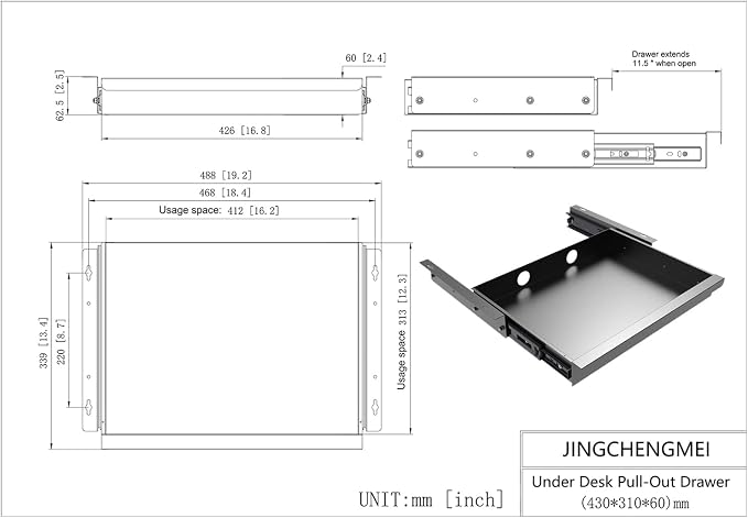 Under Desk Mounted Sliding Pull-out Drawer W 19.2" x D 13.4" | Office Desk Storage Organizer for Sit Stand Workstation, Metal, Black (Large) - Image 3