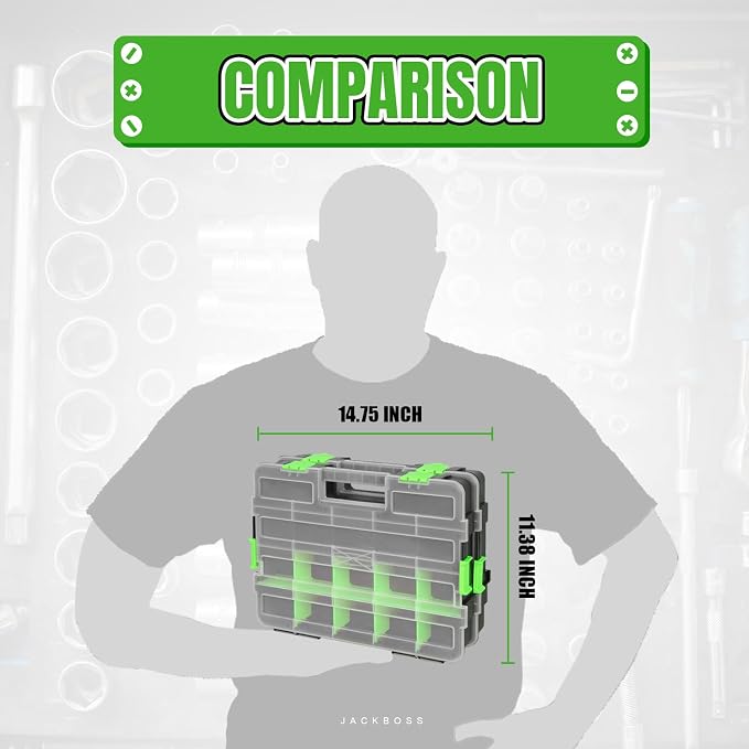 Jack Boss Tool Box with Transparent Lid, Single Side 17-Compartments Organizer Box with Removable Dividers for Hardware, Screws, Bolts, Nails, Beads, Jewelry and Fishing Accessories, Green, 2 Pack - Image 5