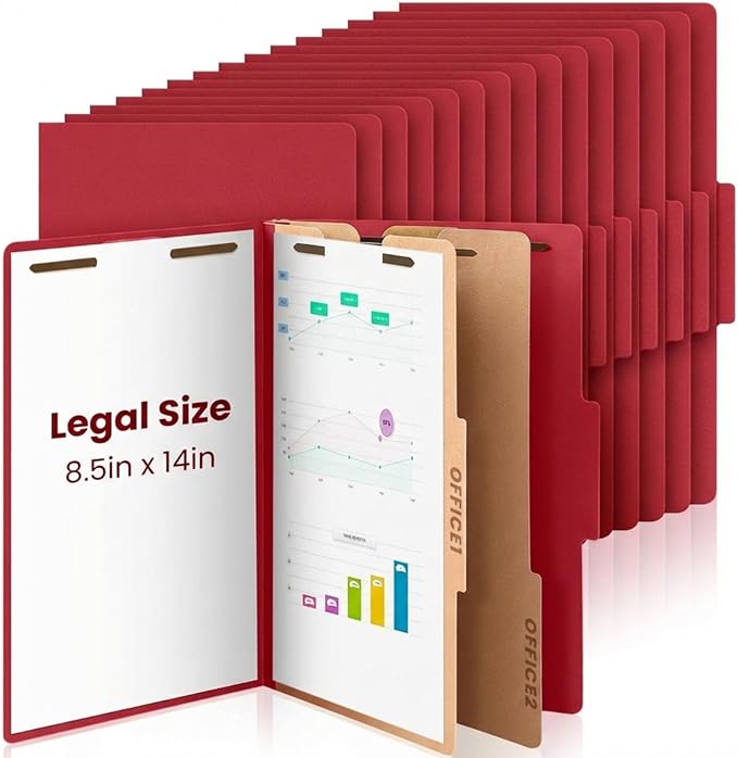 AmazingSpark 24 Pcs Legal Size Classification Folders Bulk 2 Dividers Pressboard File Folder with Expansion 2 Prongs Fastener Heavy Duty Office File Organizer for School Hospitals Home (Dark Red) by Unknown
