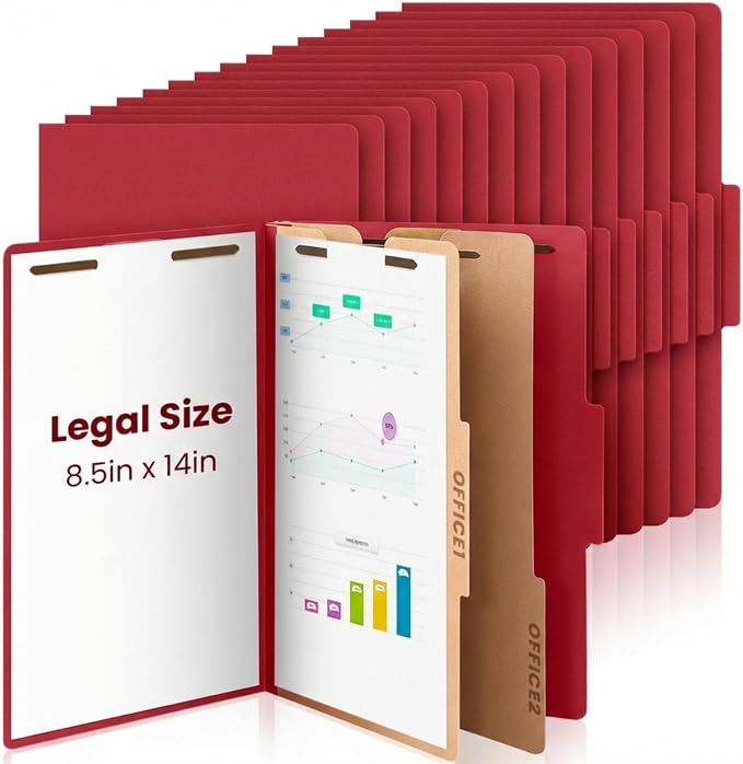 AmazingSpark 12 Pcs Legal Size Classification Folders Bulk 2 Divider Pressboard File Folder with Expansion 2 Prongs Fastener Heavy Duty Office File Organizer for School Hospitals Home(Dark Red) by Unknown