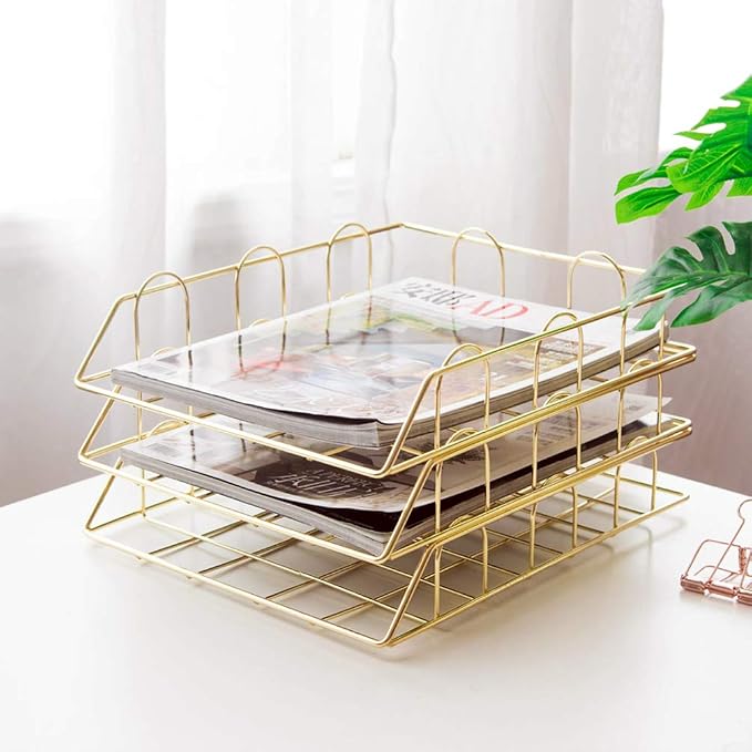 Jolitac Rose Gold 4-Tier Stackable Paper Tray Desk Organizer, Workspace Decorative Stacking Rack Supplies Holder, Metal Letter Trays for File Documents in Home & Office (Gold) - Image 2