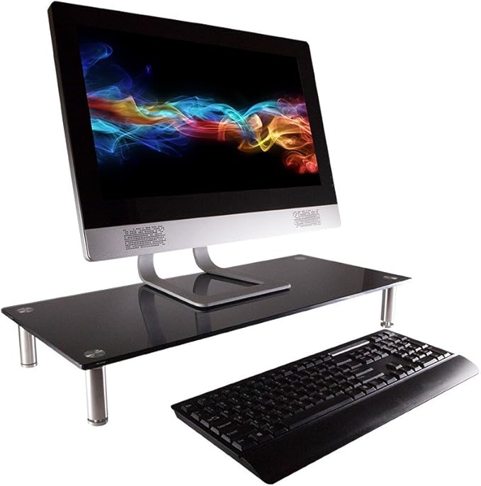 Monoprice Medium Multimedia Desktop Stand, Black Glass (27.6" x 12.2" x 3") - Stand & Riser, Laptop Stand, Desktop TV Stand, Dual Monitors w/ Height Adjustable Legs - Workstream Collection (116360), 25.6" x 11.0" - Image 2