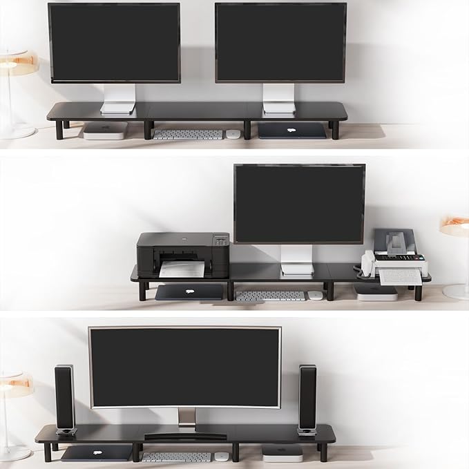 43.7" Extra Long Dual Monitor Stand Riser, Wood & Steel Monitor Stand for 2 Monitors, Wide TV Stand, Desktop Riser for Desk Organization, Home Office，Laptop,Printer,TV (Black) - Image 3