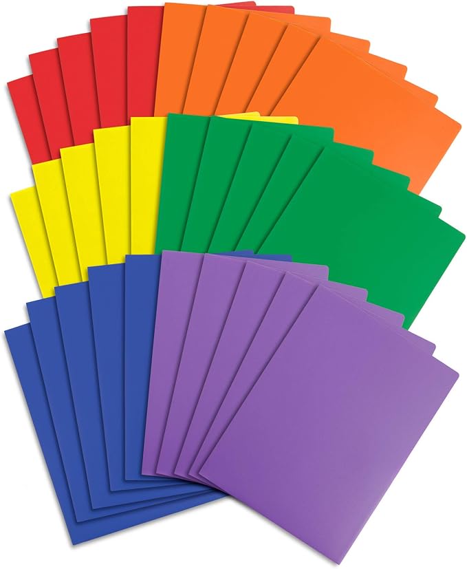 Blue Summit Supplies 30 Plastic 2 Pocket Folders, Assorted Colors | Durable 0.35mm poly, 2 pockets, letter size, for school, office, and document organization by BlueSummitSupplies
