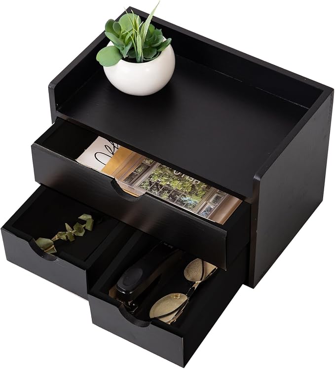 Rustic Distressed white 3-Tier Wood Desk Organizer with 3 Drawers Mini Storage Shelf For Desk, Toiletries Vanity Office Supplies (Black) - Image 6