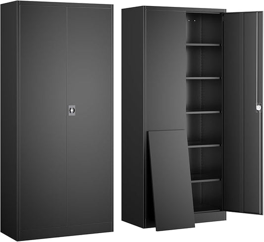 Yizosh Metal Garage Storage Cabinet with Lock, 71" Locking Tool Cabinet with 2 Doors and 5 Shelves, Tall Steel Cabinet for Garage, Heavy Duty File Cabinet for Office, School (Black)