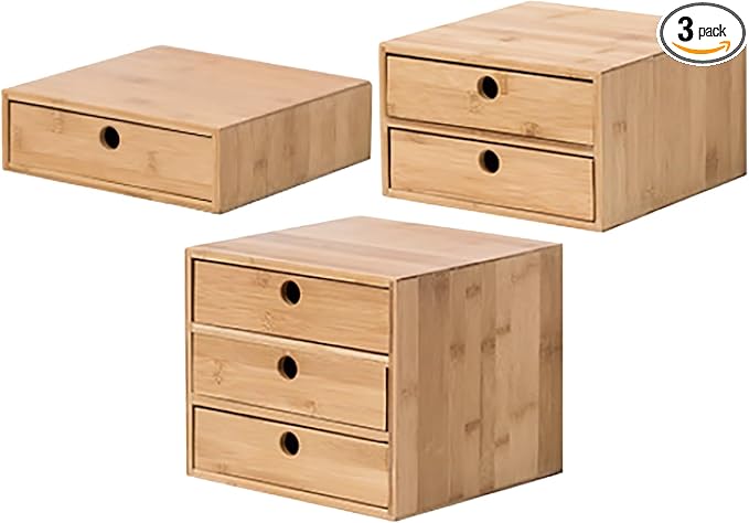 Modular Stackable Set of 3 Bamboo Organizer Desktop Drawers - 1, 2, 3 = 6 Drawers Total Storage Organizer for Desk Accessories, Office Supplies, Makeup Storage - Tabletop Wood Box Stackable Drawers by PrimoSupply
