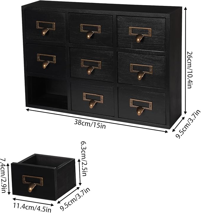 9 Drawers Apothecary Cabinet with Drawers, Library Card Catalog Cabinet, Tabletop Apothecary Chests and Cabinets, Wooden Desk Drawer Organizer Medicine Vintage Furniture (Black) - Image 3