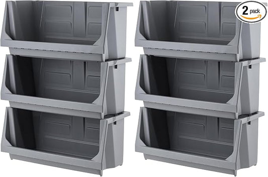 IRIS USA 6 Pack Open Front Storage Bins, Jumbo Heavy Duty Stackable Garage Storage Bins with Handles, Interlocking Design, Dark Gray by IRISUSA