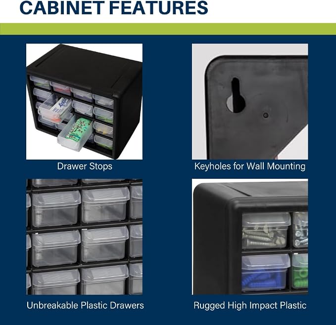 Akro-Mils 16-Drawer Plastic Cabinet for Garage Organization, Beads, Makeup Organizer, Building Bricks Storage, Teacher Toolbox, 10-1/2" W x 6-1/2" D x 8-1/2" H, 10716 Black (Pack of 4) - Image 4