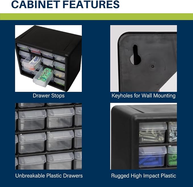 Akro-Mils 16-Drawer Plastic Storage Cabinet | 10-1/2 x 6-1/2 x 8-1/2 Inch | Black | Model 10116 | Garage Organization - Image 4
