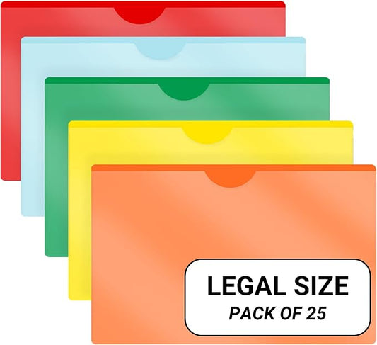 Doctor Stuff- 25 Pack, Vinyl Plastic Pocket File Folders Closed Sides, Legal Size, Clear Front Top Loading Job Jacket, Documents Holder for Office, High School and Medical Files, 5 Assorted Colors by DoctorStuff