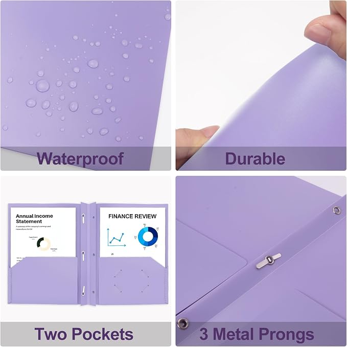ViVin 12 Pack Heaty Duty Plastic Folders, 2 Pocket Poly File Plastics Folders with 3-Prong Fasteners, Pastel Color Plastic Folder for Letter Size Sheet, School Folder Kids Folder (Light Purple) - Image 5