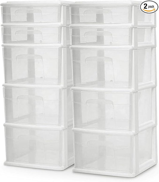 HOMZ 2-Pack Drawer Tower, 5-Tier Clear Plastic Storage Organizer Unit, White Frame - Multi-Purpose Container Drawers for Kitchen, Bathroom, and Office Organization by Homz