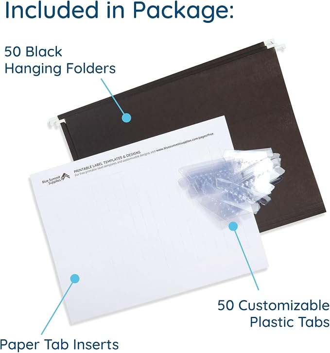 Blue Summit Supplies 50 Hanging File Folders, Letter Size, Black | Reinforced 11pt, 1/5 cut tabs, plastic tabs and inserts included, for filing cabinet, home, and office use - Image 2
