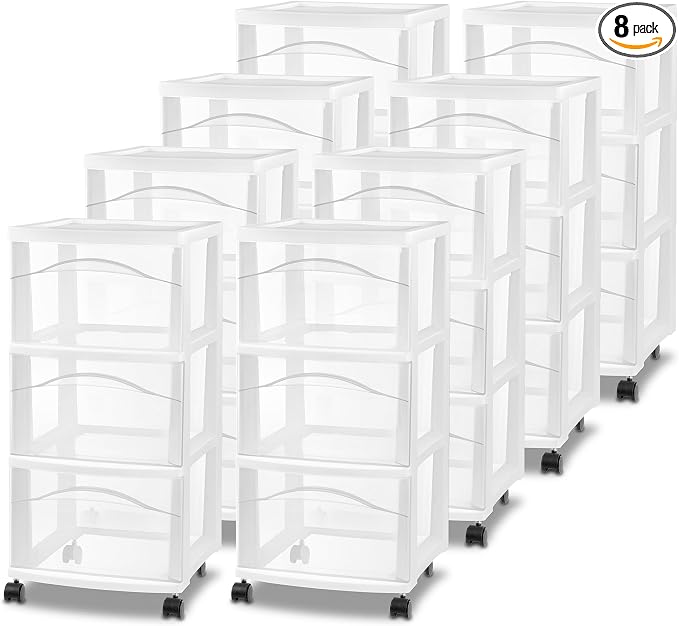 Sterilite 8 Pack 3 Drawer Storage Cart, Plastic Medium Organizer with Wheels, White - Multipurpose Bin for Crafts, Accessories, or Office Supplies by Sterilite