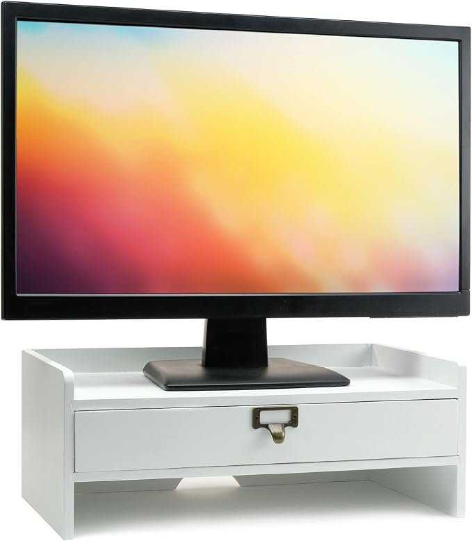 EXCELLO GLOBAL PRODUCTS Wooden Monitor Stand: Includes Drawer for Desktop Organization of Notebooks, Pens, Pencils & Office Supplies (White) by ExcelloGlobalProducts