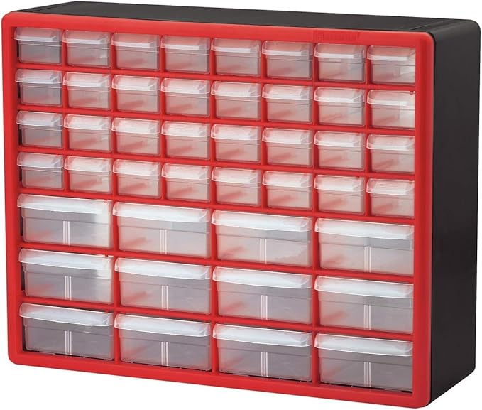 Akro-Mils 44-Drawer Plastic Storage Cabinet, 20" W x 6" D x 16" H, Red | Plastic Cabinet w/ Drawers for Garage Organization, Beads, Building Bricks Storage, Teacher Toolbox, Makeup Organizer, 10144 by Akro-Mils