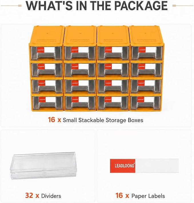 16pc Stackable Plastic Storage Drawers Mini Desk Organizer Yellow | Versatile mini desktop storage box 5.5x3.4x1.6", perfect for garage, home, school and office craft organization. - Image 6