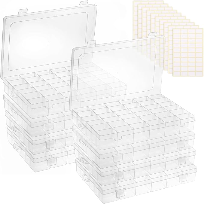 Bead Organizer Storage 8 Pack 36 Grid Jewelry Tackle Craft Box Adjustable | Clear Plastic, Adjustable Dividers, Label Stickers Included, for Beads Jewelry Crafts Fishing Tackle and Small Parts by Outuxed