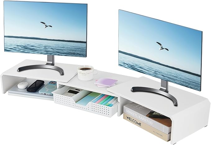 LEKETREE Dual Monitor Stand Riser with Drawer, Desk Organizer and Accessories, Metal Laptop Stand for Desk, Workspace Desktop Stand for Computer, Laptop, TV and More (White) by Stylishworkspaceeffortlessorganization