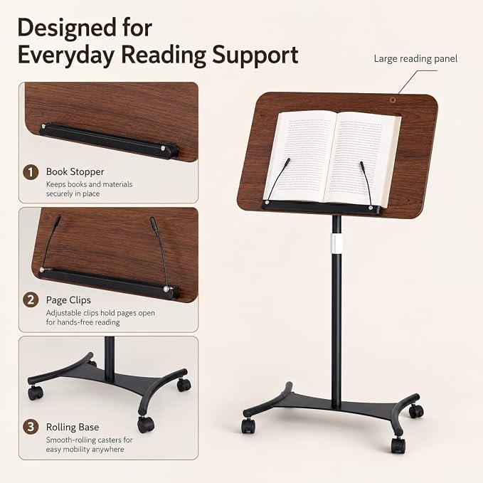 Rolling Book Stand with Wheels, Adjustable Sheet Music & Reading Stand | 16.5 x 11.8 in panel | 19-57 in adjustable height | 360° angle | Lockable wheels | For books, music, tablets - Image 6