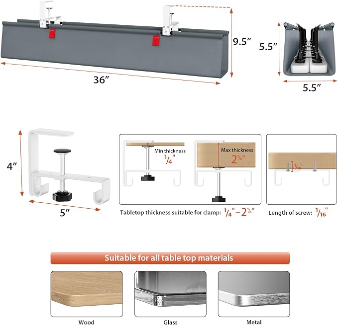 Univivi No Drill Under Desk Cable Management Tray, 36 inch Cable Management | Clamp/Screw Mount Desk Cord Organizer, Premium Fabric Cord Management, Large Capacity Desk Cable Organizer for Office, Home - Image 4