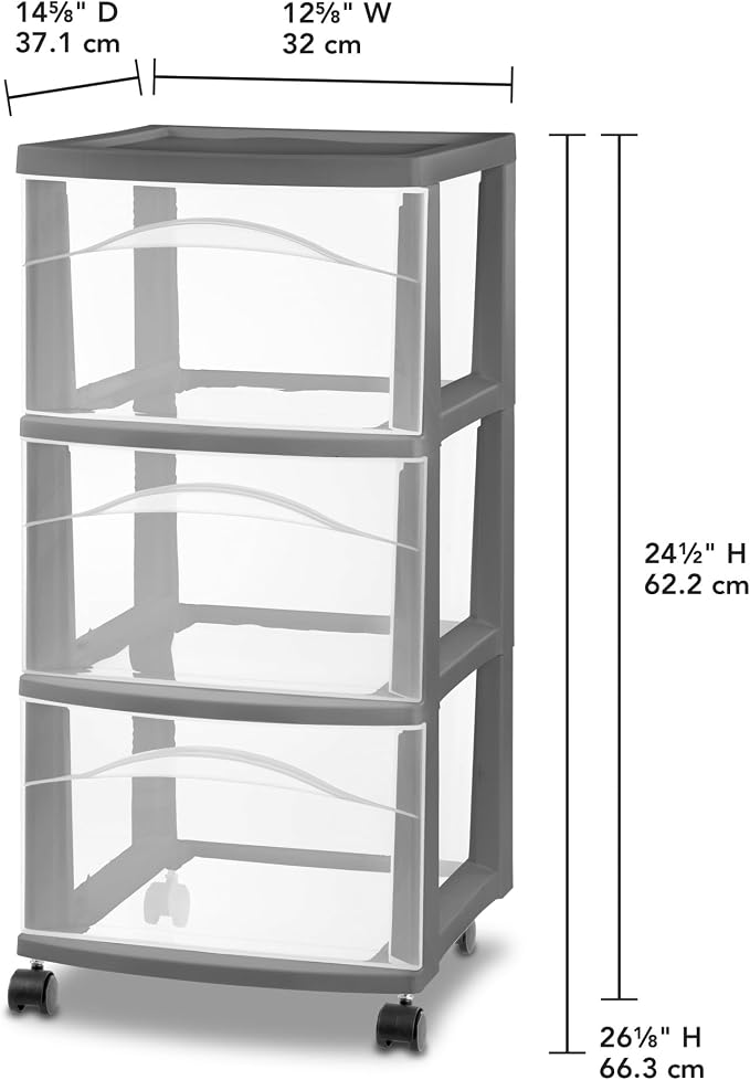 Sterilite 4 Pack 3 Drawer Storage Cart, Rolling Organization, Flat Gray - Image 3